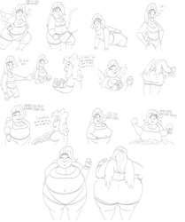 Size: 6000x7184 | Tagged: safe, artist:catstuxedo, fluttershy, pinkie pie, human, g4, absurd resolution, bbw, chubby cheeks, cookie, cupcake, exercise, fat, fattershy, heavy voice, humanized, jump rope, monochrome, muffin, obese, piggy pie, pudgy pie, ssbbw, weight gain, weight loss, winged humanization