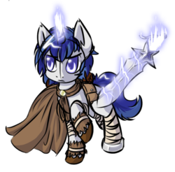 Size: 549x541 | Tagged: safe, artist:sapphfyr, oc, oc only, oc:star saber, pony, unicorn, cape, clothes, magic, male, solo, sword