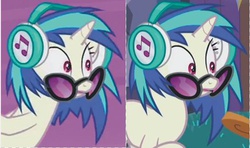 Size: 545x323 | Tagged: safe, screencap, dj pon-3, vinyl scratch, g4, season 5, slice of life (episode), comparison, eye color, eyes, pink eyes, shocked, wide eyes