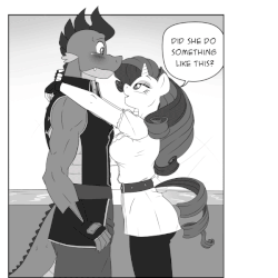 Size: 600x600 | Tagged: safe, artist:pia-sama, rarity, spike, anthro, comic:rogue diamond, g4, animated, april fools, breast squish, breasts, busty rarity, comic, female, kissing, male, monochrome, older, older spike, ship:sparity, shipping, straight