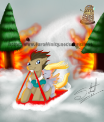 Size: 1085x1280 | Tagged: safe, derpy hooves, doctor whooves, time turner, earth pony, pony, g4, attack, dalek, doctor, fun, male, ship:doctorderpy, shipping, snow, stallion, straight, wildride