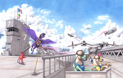 Size: 1911x1216 | Tagged: safe, artist:baron engel, oc, oc only, pegasus, pony, unicorn, roan rpg, aircraft, aircraft carrier, airship, cloud, cloudy, pencil drawing, plane, steampunk, traditional art