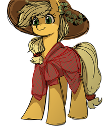 Size: 808x972 | Tagged: safe, artist:うめぐる, applejack, earth pony, pony, g4, applebetes, clothes, cute, female, hat, shirt, simple background, smiling, solo, white background