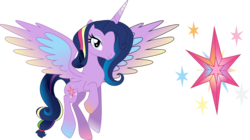 Size: 3000x1678 | Tagged: safe, artist:theshadowstone, applejack, fluttershy, pinkie pie, rainbow dash, rarity, twilight sparkle, oc, oc:harmony (theshadowstone), alicorn, pony, g4, appleflaritwidashpie, bedroom eyes, cutie mark, eyeshadow, flying, fusion, looking at you, mane six, multicolored iris, simple background, smiling, spread wings, transparent background, vector, we have become one
