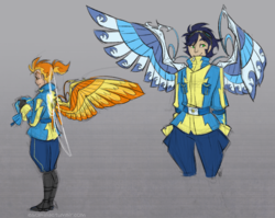 Size: 900x717 | Tagged: safe, artist:egophiliac, soarin', spitfire, cyborg, human, steamquestria, g4, artificial wings, augmentation, augmented, boots, clothes, goggles, humanized, mechanical wing, shoes, steampunk, wings, wonderbolts uniform