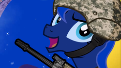 Size: 1366x768 | Tagged: safe, artist:2snacks, screencap, princess luna, alicorn, pony, two best sisters play, g4, army, assault rifle, battlefield, camouflage, crazy face, faic, female, fn scar, gun, helmet, mare, military, military uniform, parody, persona 4, rifle, solo, video, weapon, why hasn't anyone uploaded this yet, youtube