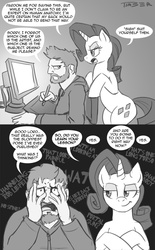 Size: 670x1080 | Tagged: dead source, safe, artist:pluckyninja, rarity, human, pony, unicorn, g4, comic, criticism, female, male, mare, monochrome