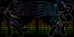 Size: 963x482 | Tagged: safe, artist:superstaredge96, dj pon-3, octavia melody, vinyl scratch, g4, neon, wallpaper