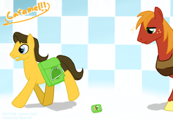 Size: 900x630 | Tagged: safe, artist:papercell, big macintosh, caramel, earth pony, pony, g4, caramel lost the grass seeds, male, seeds, stallion