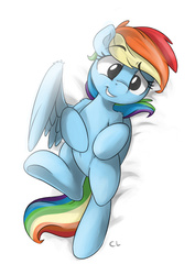 Size: 4961x7016 | Tagged: safe, artist:candylux, rainbow dash, pegasus, pony, g4, absurd resolution, belly button, bellyrubs, cute, dashabetes, female, fluffy, grin, looking at you, lying down, mare, on back, raised eyebrow, smiling, solo, underhoof