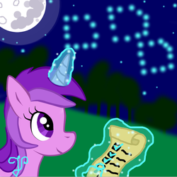 Size: 540x541 | Tagged: safe, artist:purpleloverpony, derpibooru exclusive, amethyst star, sparkler, pony, unicorn, g4, female, fireworks, magic, mare, moon, smiling, solo, telekinesis