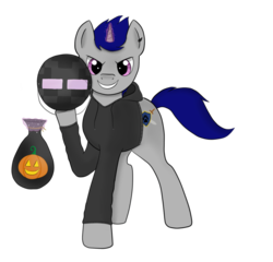 Size: 912x876 | Tagged: safe, artist:jxwizz, oc, oc only, oc:ludvic, enderman, pony, unicorn, candy, clothes, cutie mark, earring, gray, halloween, hoodie, jacket, ludvic, magic, male, minecraft, piercing, purple eyes, stallion