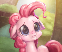 Size: 2480x2108 | Tagged: safe, artist:mrs1989, pinkie pie, earth pony, pony, a friend in deed, g4, cute, diapinkes, female, floppy ears, grass, high res, puppy dog eyes, sad, scene interpretation, solo, tree