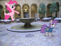 Size: 1280x960 | Tagged: safe, artist:cencerberon, artist:eli-j-brony, artist:quanno3, maud pie, pinkie pie, g4, chair, irl, museum, photo, plant, ponies in real life, smiling, table, vector, water fountain
