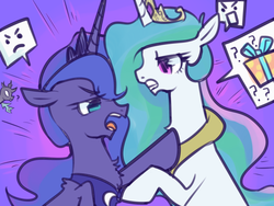 Size: 1280x960 | Tagged: safe, artist:kkuyo, kevin, princess celestia, princess luna, changeling, g4, slice of life (episode), 30 minute art challenge, argument, fluffy, frown, gritted teeth, open mouth, poking, question mark, raised hoof, royal sisters, sisters