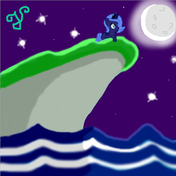 Size: 800x800 | Tagged: safe, artist:purpleloverpony, derpibooru exclusive, princess luna, alicorn, pony, g4, cliff, female, filly, moon, night, solo, stars, water, woona, younger