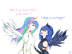 Size: 4000x3000 | Tagged: safe, artist:johnyho, princess celestia, princess luna, human, g4, slice of life (episode), angry, argument, breasts, busty princess celestia, cross-popping veins, dialogue, eyes closed, false smile, female, grin, humanized, scene interpretation, simple background, sisters, smiling, spread wings, tranquil fury, white background, winged humanization