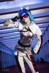 Size: 3127x4690 | Tagged: safe, artist:pyrotempertantrum, dj pon-3, vinyl scratch, human, g4, cleavage, clothes, cosplay, female, irl, irl human, photo