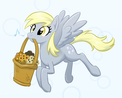 Size: 780x630 | Tagged: safe, artist:ta-na, derpy hooves, pegasus, pony, g4, basket, female, flying, mare, mouth hold, muffin, solo