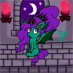 Size: 542x542 | Tagged: safe, artist:purpleloverpony, derpibooru exclusive, oc, oc only, oc:midnight charmer, alicorn, bat pony, bat pony alicorn, pony, alicorn oc, blank flank, moon, sitting, smiling, solo, spread wings, wings
