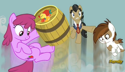 Size: 1129x652 | Tagged: safe, screencap, berry punch, berryshine, filthy rich, pipsqueak, earth pony, pony, g4, slice of life (episode), barrel, berry's barrel, colt, dollar sign, male