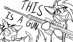 Size: 540x313 | Tagged: safe, artist:ralek, oc, oc only, oc:sapphire sights, pegasus, pony, fallout equestria, barrett m82, black and white, female, grayscale, gun, hooves, m107, mare, monochrome, open mouth, optical sight, pipbuck, rifle, simple background, sniper rifle, weapon, white background, wings