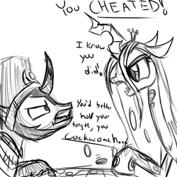 Size: 500x500 | Tagged: safe, artist:wuzzlefluff, king sombra, queen chrysalis, g4, board game, cheating, checkers, dialogue, female, monochrome, sketch, solo
