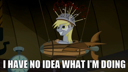 Size: 1278x720 | Tagged: safe, derpy hooves, pegasus, pony, g4, slice of life (episode), colander, derpy being derpy, female, flying machine, image macro, mare, meme, muffin 1, plane, solo