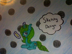 Size: 640x480 | Tagged: safe, artist:sketchy-design, oc, oc only, oc:sketchy design, pony, unicorn, cloud, levitation, pencil, photo, polka dots, smiling, solo, traditional art