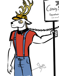 Size: 693x900 | Tagged: safe, artist:bgn, idw, official comic, king aspen, deer, anthro, g4, spoiler:comic, spoiler:comic28, bondage, clothes, crying, crying inside, humiliation, male, national lampoon's vacation, shackle, sign, solo