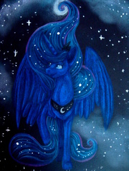 Size: 1024x1365 | Tagged: safe, artist:gloriajoy, princess luna, g4, female, raised hoof, solo, space, spread wings, traditional art