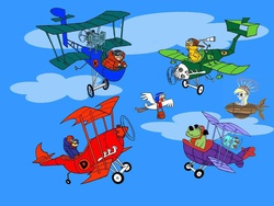 Size: 960x720 | Tagged: safe, derpy hooves, pegasus, pony, g4, colander, dastardly and muttley in their flying machines, dick dastardly, female, hanna barbera, klunk, mare, meme, muffin 1, muttley, parody, vulture squadron, zilly