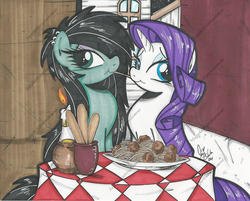 Size: 1205x969 | Tagged: safe, artist:ponygoddess, rarity, oc, oc:sappho, earth pony, pony, unicorn, g4, :t, bedroom eyes, candle, canon x oc, duo, eating, female, lady and the tramp, lesbian, ponies eating meat, shipping, smiling, spaghetti, spaghetti scene, traditional art, watermark