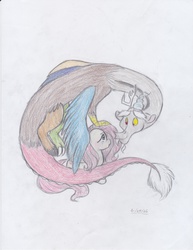 Size: 2550x3300 | Tagged: safe, artist:lacedra, discord, fluttershy, g4, comforting, female, high res, male, ship:discoshy, shipping, straight, traditional art