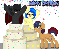 Size: 3000x2500 | Tagged: safe, artist:pegamutt, oc, oc only, oc:electric spark, oc:qetesh, oc:silvia windmane, bat pony, pegasus, pony, unicorn, birthday, cake, confetti, goggles, happy birthday, high res, silspark