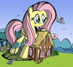 Size: 800x731 | Tagged: safe, artist:labba94, cloudchaser, flitter, fluttershy, pegasus, pony, g4, giantess, house, macro, size difference, tree