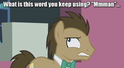 Size: 800x443 | Tagged: safe, edit, edited screencap, screencap, doctor whooves, time turner, earth pony, pony, g4, season 5, slice of life (episode), bowtie, caption, dialogue, frown, image macro, male, man, solo, stallion, teeth