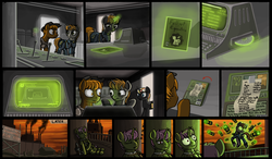 Size: 1937x1131 | Tagged: safe, artist:nukechaser, oc, oc only, oc:calamity, oc:littlepip, oc:velvet remedy, pegasus, pony, unicorn, fallout equestria, balefire egg, cheating, clothes, comic, computer, console, console command, dashite, eyes closed, fallout, fanfic, fanfic art, female, fillydelphia, fluttershy medical saddlebag, fourth wall, glowing horn, gun, handgun, hat, hax, hooves, horn, jumpsuit, levitation, little macintosh, magic, male, mare, medical saddlebag, mini nuke, optical sight, pipbuck, revolver, saddle bag, self-levitation, sleeping, stallion, teeth, telekinesis, terminal, text, this will end in death, this will end in explosions, this will end in pain, vault suit, weapon