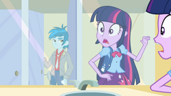 Size: 1366x768 | Tagged: safe, screencap, thunderbass, twilight sparkle, equestria girls, g4, my little pony equestria girls, background human, bathroom, mirror, out of context, reflection, this strange world