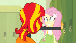 Size: 1366x768 | Tagged: safe, screencap, fluttershy, sunset shimmer, equestria girls, g4, female, out of context