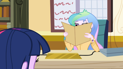 Size: 1366x768 | Tagged: safe, screencap, princess celestia, principal celestia, twilight sparkle, equestria girls, g4, my little pony equestria girls, celestia's folder, celestia's office