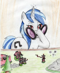 Size: 2428x2932 | Tagged: safe, artist:40kponyguy, derpibooru exclusive, dj pon-3, vinyl scratch, g4, chaos dreadnought, chaos space marine, dice, dreadnought, emperor's children, female, figurine, gaming miniature, high res, looking at you, lucius the eternal, miniature, noise marine, power sword, red eyes, slaanesh, solo, traditional art, vindicator, warhammer (game), warhammer 40k, whip