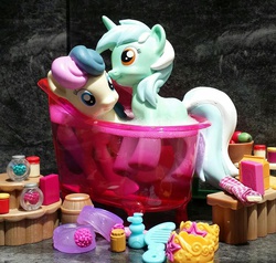 Size: 1024x975 | Tagged: safe, artist:pixelkitties, bon bon, lyra heartstrings, sweetie drops, g4, bath, bathtub, best friends, female, funko, implied lesbian, irl, lesbian, photo, ship:lyrabon, shipping, toy