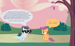 Size: 1130x706 | Tagged: safe, artist:lunaticdawn, rumble, scootaloo, pegasus, pony, g4, colt, denied, duo, female, filly, foal, male, shipping denied, speech bubble, sunglasses