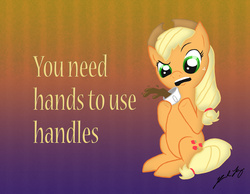 Size: 2268x1756 | Tagged: safe, artist:fawkesfriend, applejack, g4, coffee, dexterous hooves, female, funny, handles, photoshop, solo, tea, text