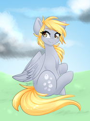 Size: 1280x1707 | Tagged: safe, artist:sugarberry, derpy hooves, pegasus, pony, g4, cloud, eyebrows, eyebrows visible through hair, female, grass, mare, sitting, smiling, solo