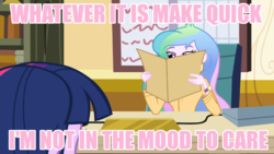 Size: 1024x576 | Tagged: safe, edit, edited screencap, screencap, princess celestia, principal celestia, twilight sparkle, equestria girls, g4, apathy, celestia's folder, celestia's office, image macro, meme, pink text