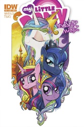 Size: 1186x1800 | Tagged: safe, artist:andypriceart, idw, princess cadance, princess celestia, princess luna, twilight sparkle, alicorn, pony, g4, siege of the crystal empire, alicorn tetrarchy, bedroom eyes, cover, eyes closed, eyeshadow, female, flower, makeup, mare, smiling, twilight sparkle (alicorn)