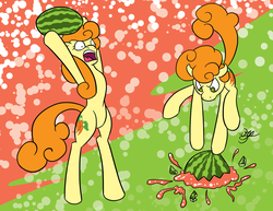 Size: 1320x1020 | Tagged: safe, artist:kiramoses, carrot top, golden harvest, pony, g4, bipedal, female, smashing, solo, watermelon
