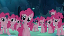 Size: 1280x720 | Tagged: safe, screencap, pinkie pie, earth pony, pony, g4, too many pinkie pies, cave, cave pool, clone, female, mirror pool, pinkie clone, that cute clone